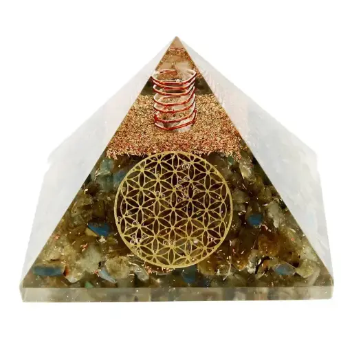 Orgonite Pyramide Labradorite Fleur de Vie 7.5 cm